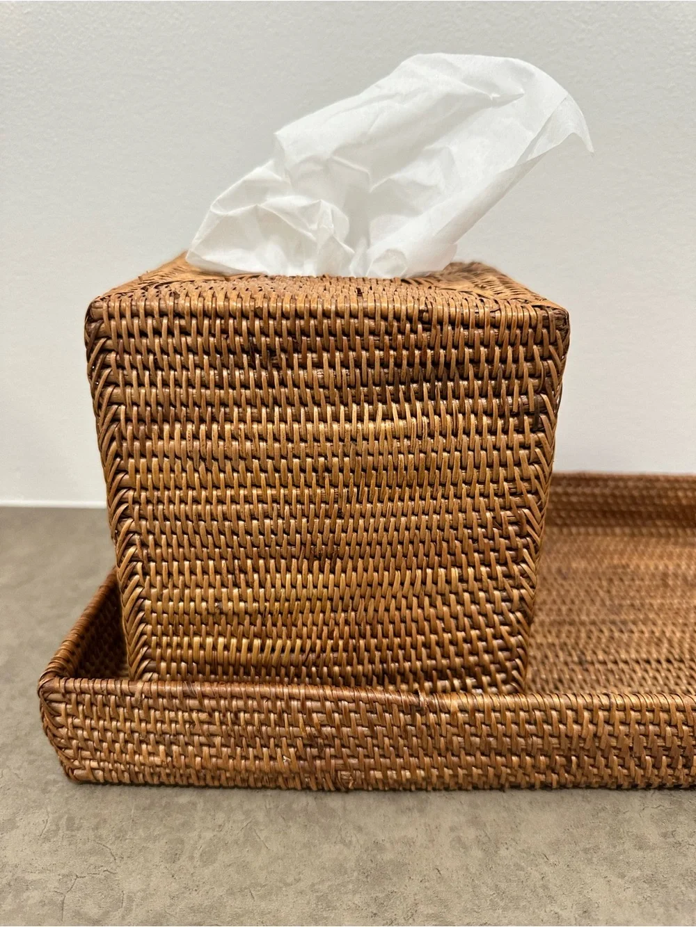 Woven Rattan Tissue Box Holder Cover & Tray Set - Natural Earthy Brown Classy
